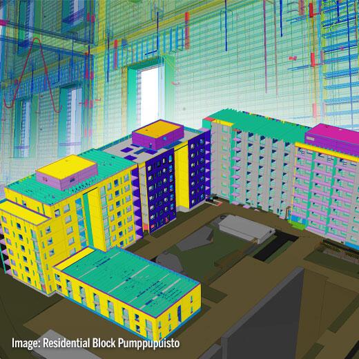 Model 3D Tekla dari residential block Pumppupuisto