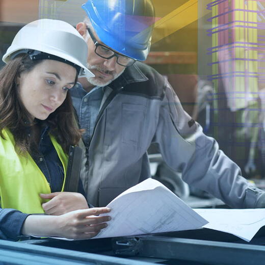 Two engineers checking fabrication status 