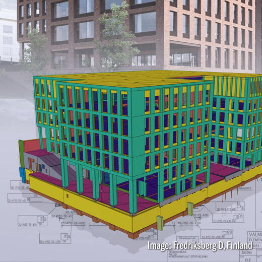 Tekla-3D-Modell eines Gebäudes im Vordergrund, Visualisierung des fertigen Gebäudes im Hintergrund