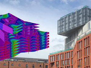 Analysis model and render of Burlington House, a uniquely twisting three-tiered building