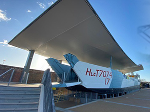 Cantilevered roof canopy and D-Day Landing Craft Tank