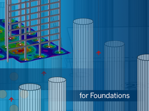 Tekla Structural Designer model showing foundation mats and pile cap columns